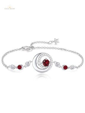 Sterling Silver White Gold Plated Moon & Star Birthstone Link Bracelet